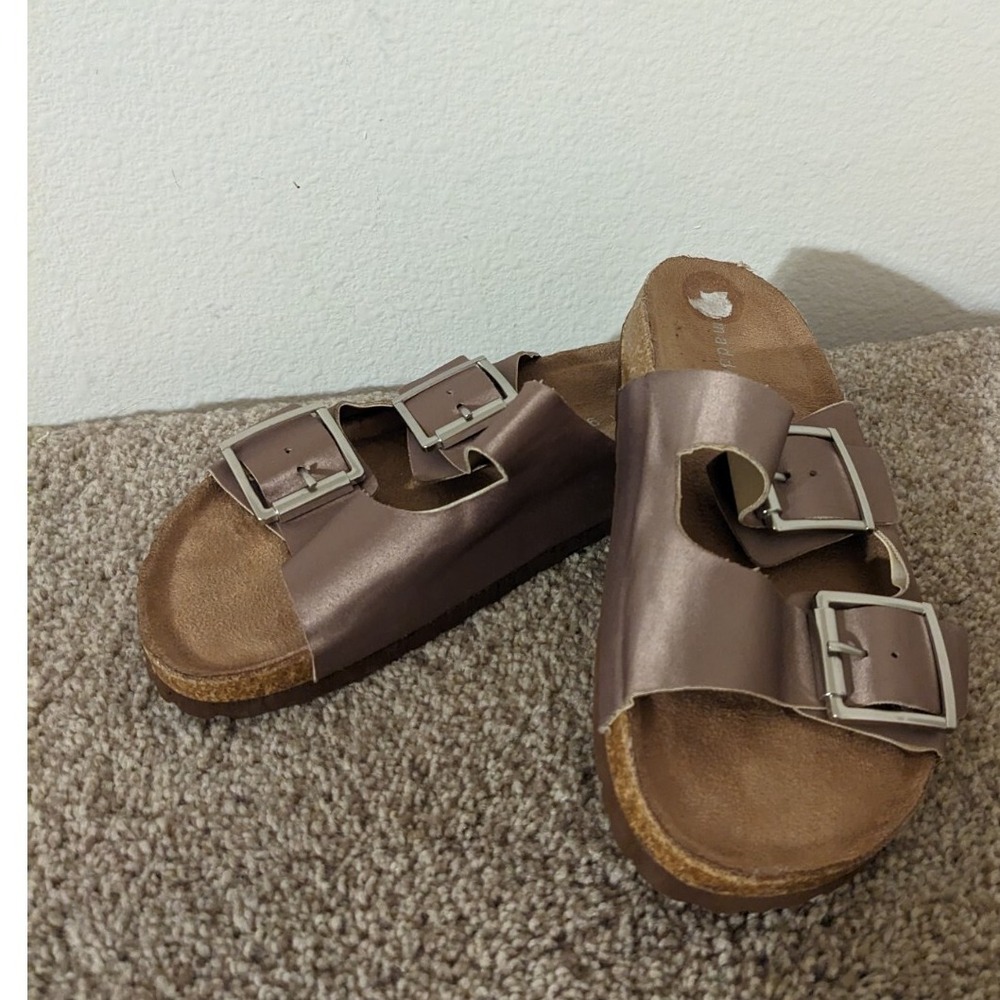 Madden Girl Double Buckle Slide Sandals Bronze‎ Faux Leather Comfy Slip On Sz. 6